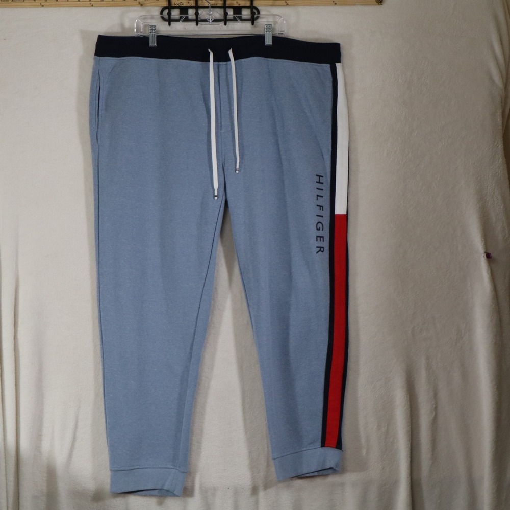 Tommy Hilfiger Mens XXL Light Blue Jogger Sweatpants Flag Stripe Spell Out Logo